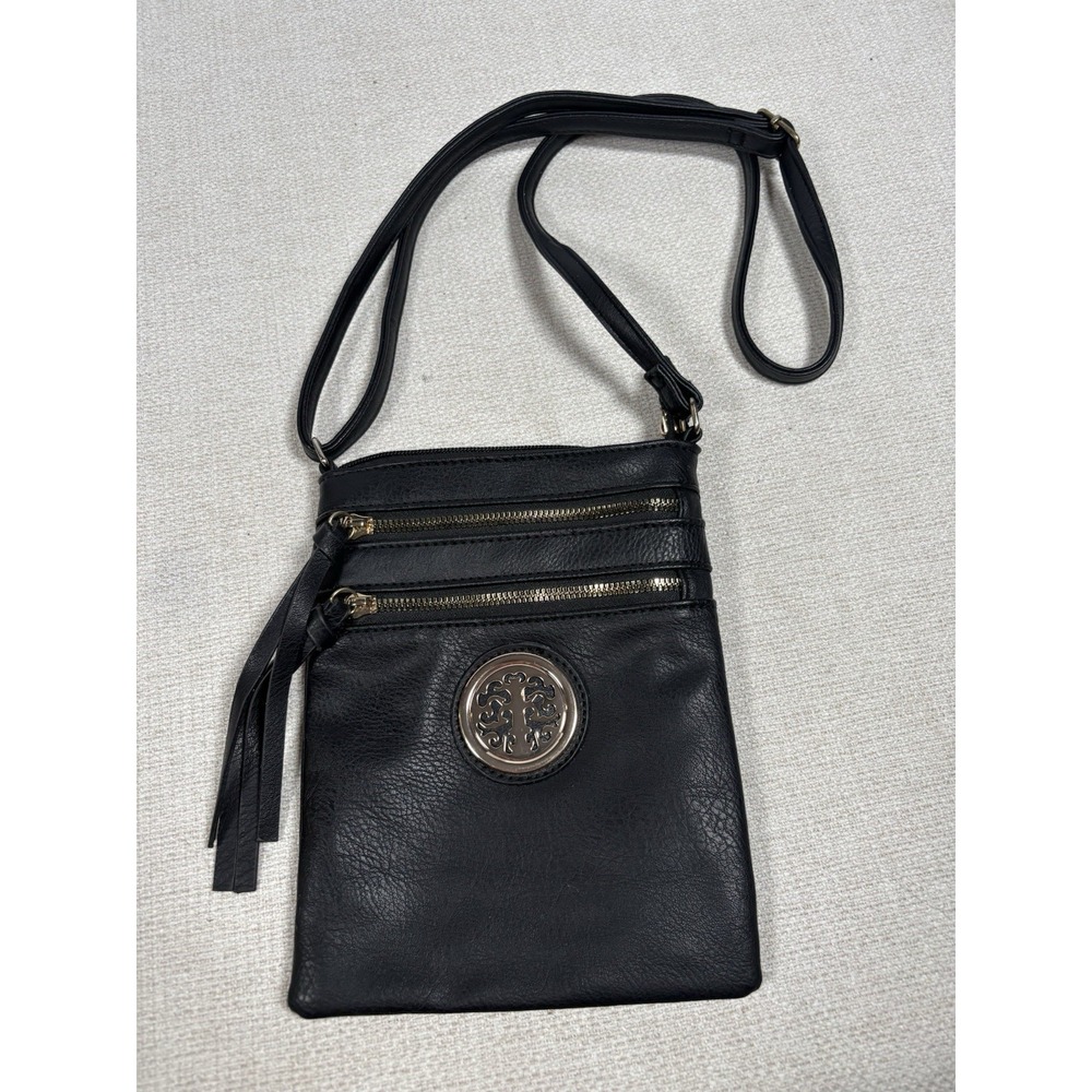 Black Pebbled Crossbody Bag Gold Hardware Logo Zip Casual Women